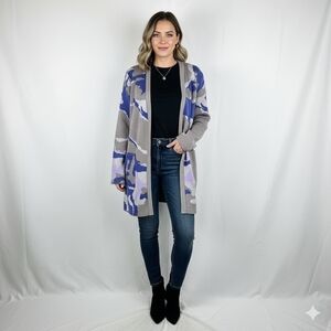 NWT Misook Knit‎ Long Cardigan Sz Large Camouflage Gray Purple Quiet Luxury Pock